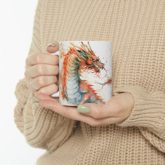 Dragon, Ceramic Mug - 11 oz, Watercolor Blue and Red