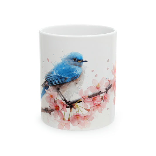 Bluebird among Cherry Blossoms, Ceramic Mug - 11 oz, Watercolor