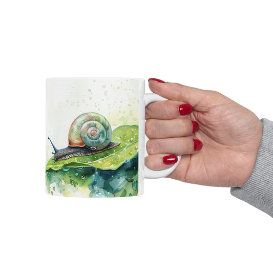 Snail on a Dewy Leaf, Ceramic Mug - 11 oz, Watercolor