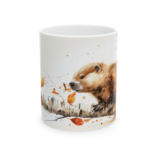 Beaver on an Aspen Trunk, Ceramic Mug - 11 oz, Watercolor Brown