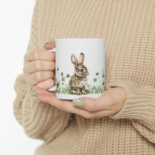Bunny with Clover, Ceramic Mug - 11 oz, Watercolor Green