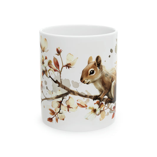 Squirrel among Dogwood Blossoms, Ceramic Mug - 11 oz, Watercolor