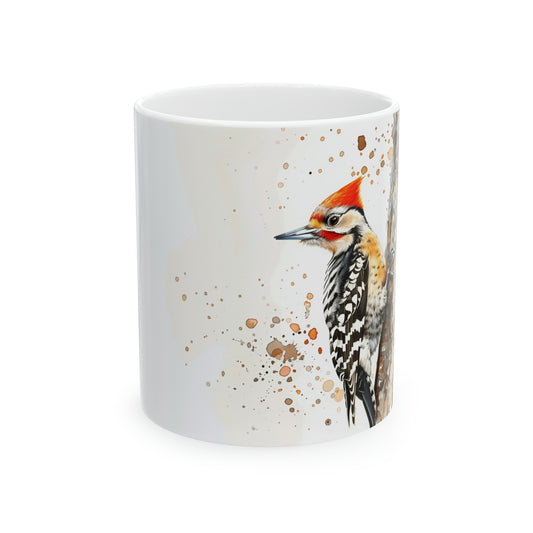 Woodpecker on a Tree, Ceramic Mug - 11 oz, Watercolor Brown