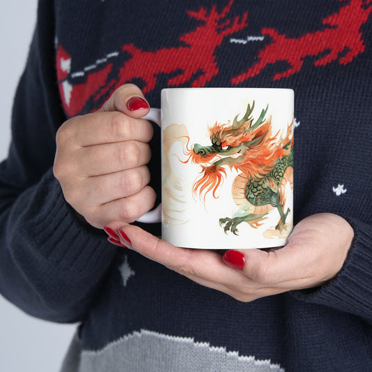 Dragon, Ceramic Mug - 11 oz, Watercolor Green and Red